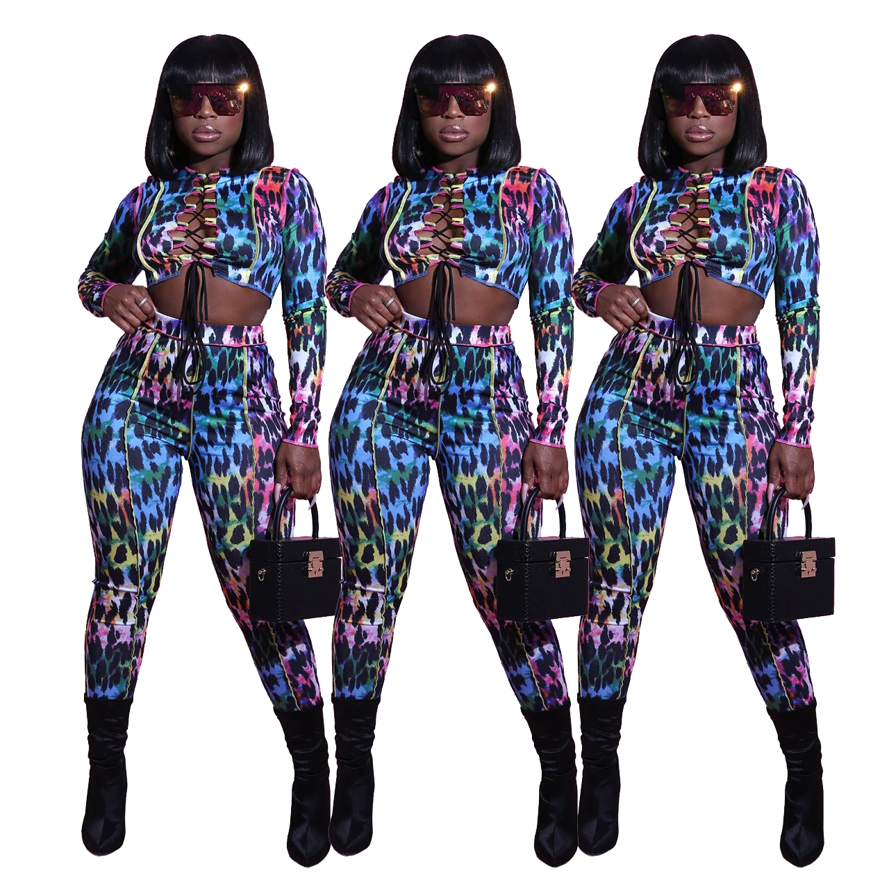 

Sexy hollowed-out leash leopard print two-piece jumpsuit for club