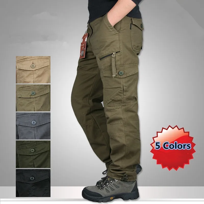 

Free Shipping Men's Multi-pockets Straight Pants Spring Autumn Outdoor Sweatpants Loose Cotton Military Cargo Pants