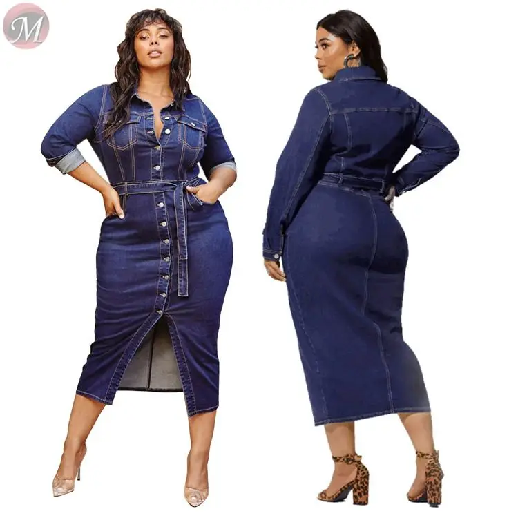 9112223 fashionable long sleeve button down belt autumn denim Clothing Women Plus Size Dress