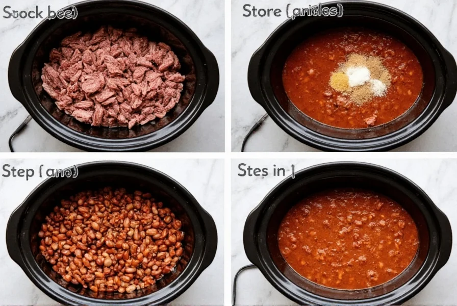 Step-by-step crock pot chili preparation with ground beef, beans, and spices in slow cooker