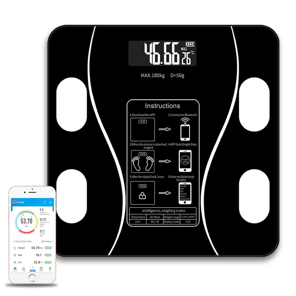 

Wholesale Wireless Body Fat Scale Body Composition Health Analyzer With Smart Phone Application Fat Scale, Black/rose gold/white