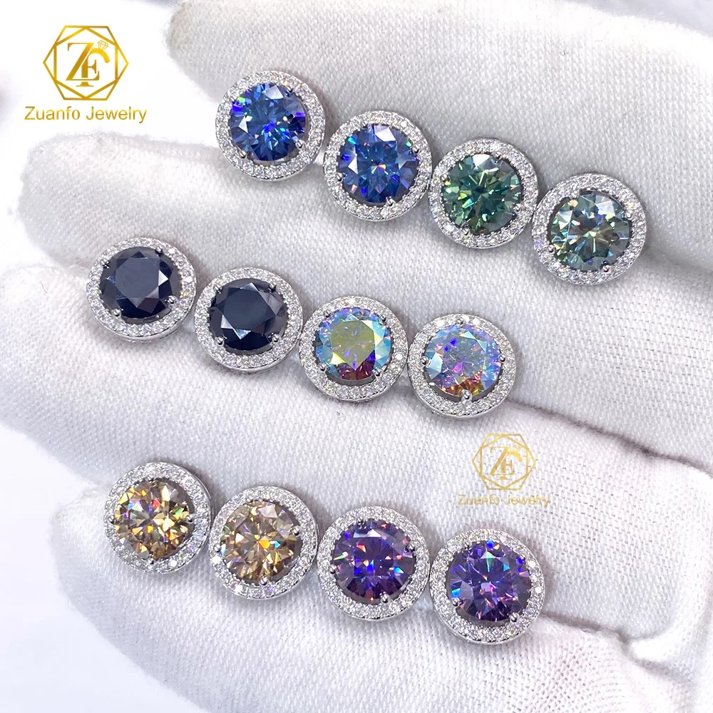 Stylish 925 Silver 1CT 6.5MM Moissanite Halo Stud Earrings Fashion Jewelry Colorful Pink Green Gemstones 6.5MM Pinkish Stone