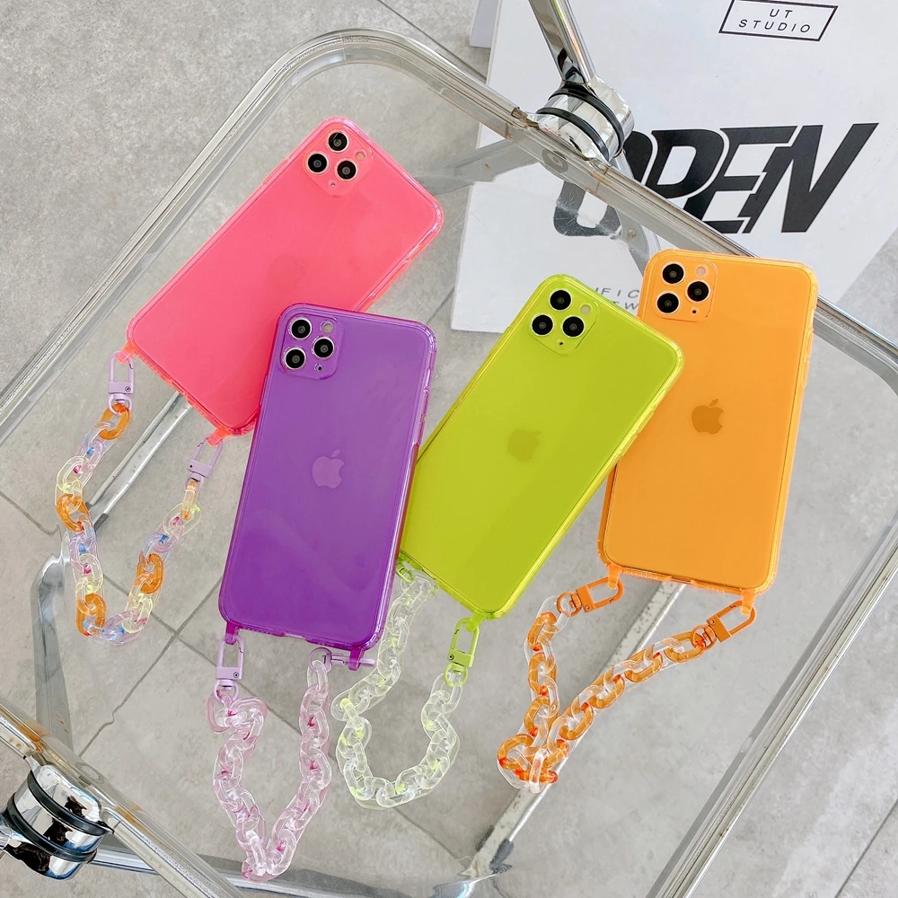 

Fashion Cell Phone Case with Chain for iPhone 11 Pro Max 7 8 Plus Transparent Casing Clear with Hand Strap Xr Xs Max for Women