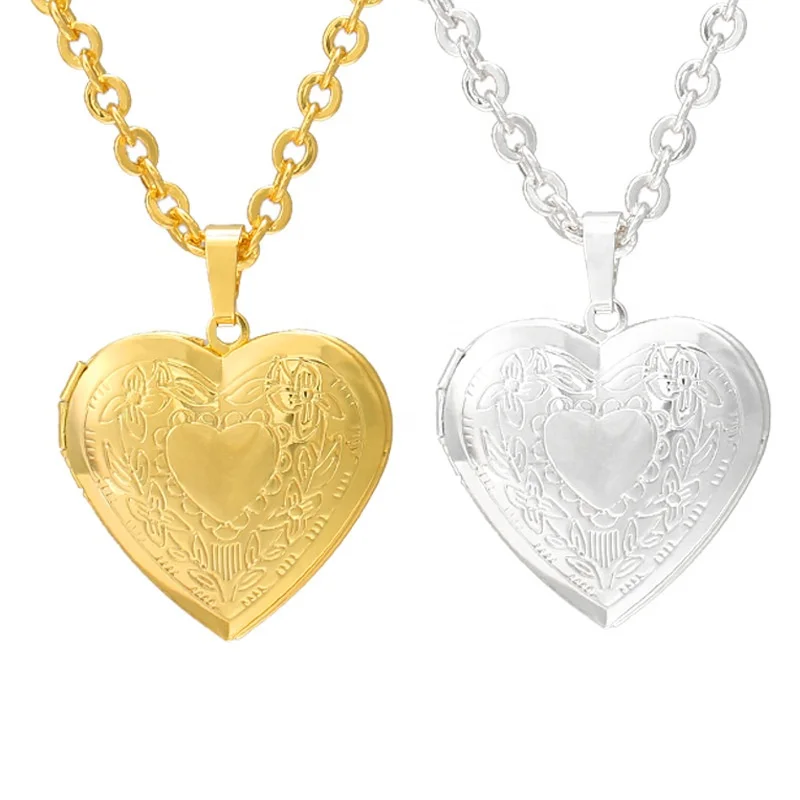 

Creative Silver Gold Plated Carved Flowers Love Heart Photo Frame Locket Necklace Double Hearts Floating Locket Pendant Necklace