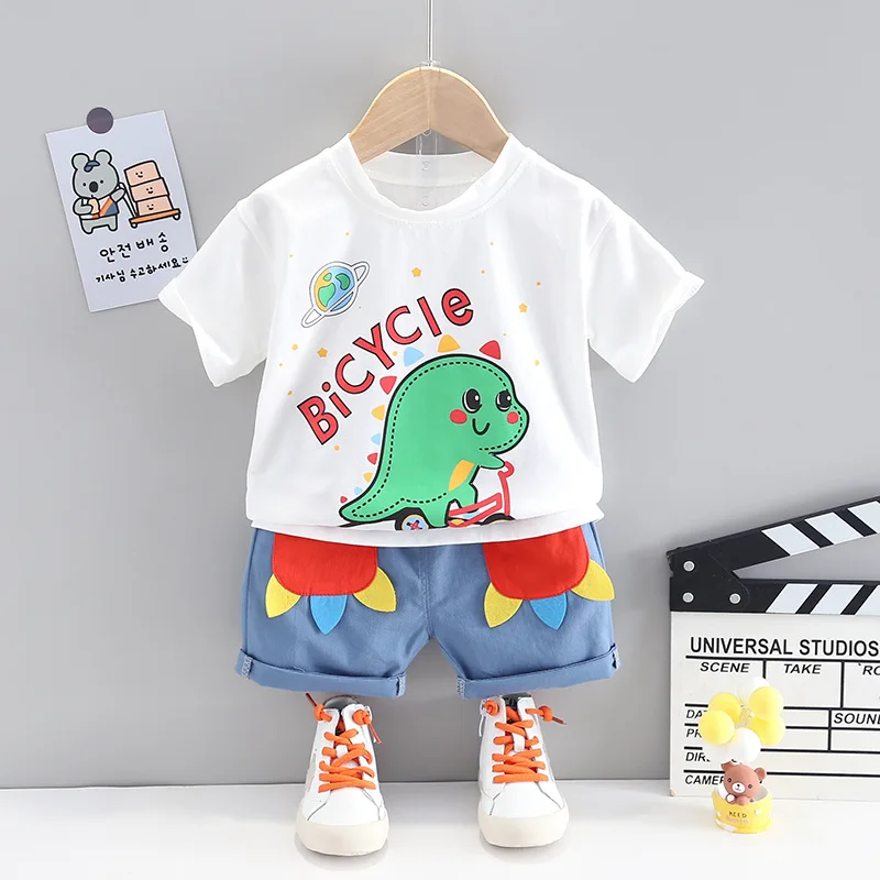 

New arrival summer Boys 2 Pieces Clothing Set short sleeve cartoon t- shirt + denim shorts clothing set for kids, Picture shows