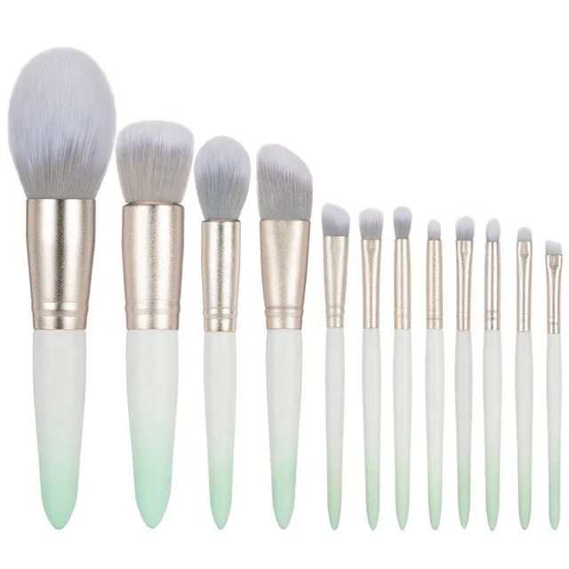 

Private Label 12pcs Gradient Green Makeup Brush Blush Eye Shadow Brush Set with pu bag, White+green
