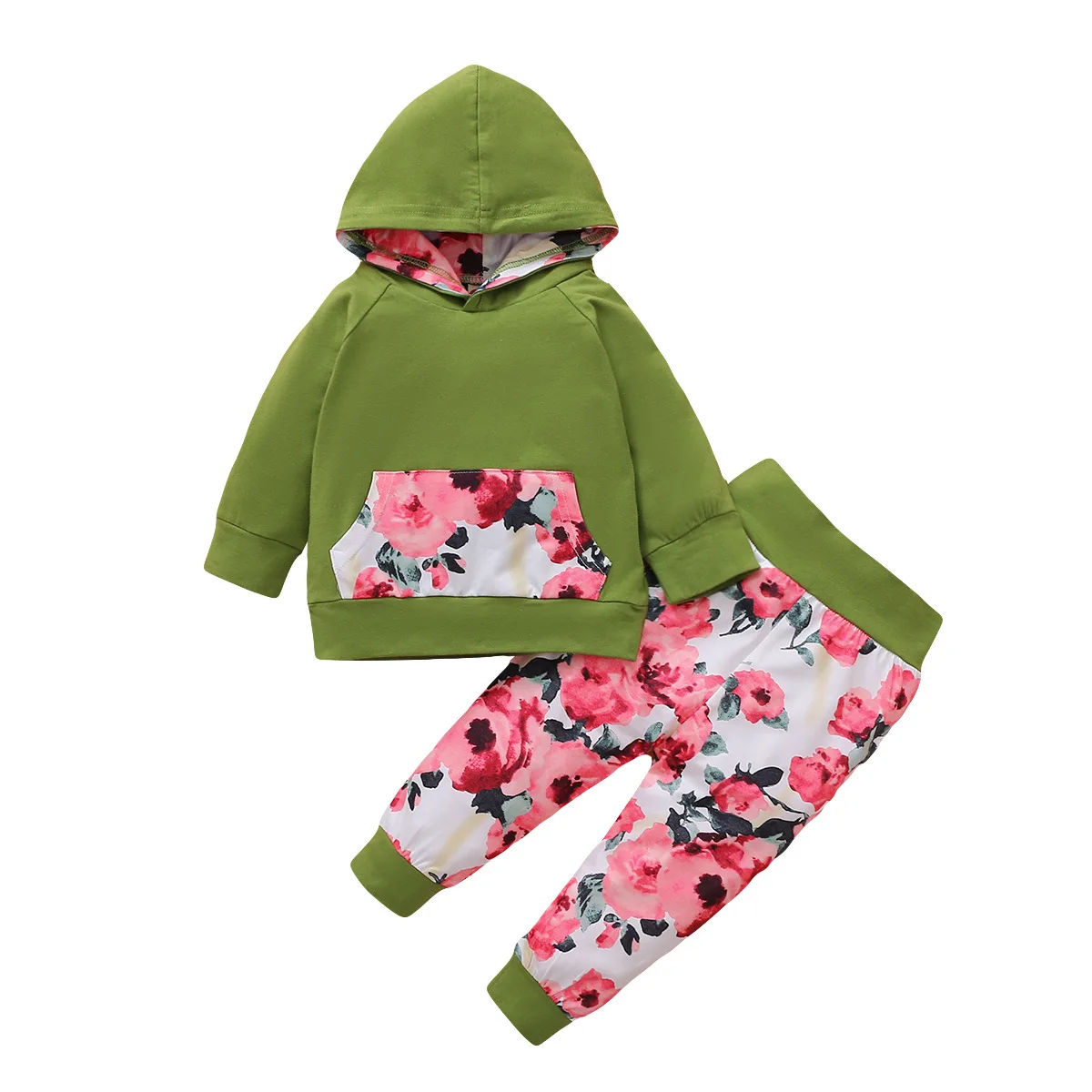 

Baby Clothes Girl New Korean Hot Style Flower Print Long-SleevedHooded Top + Flower Print Trousers, Picture shown