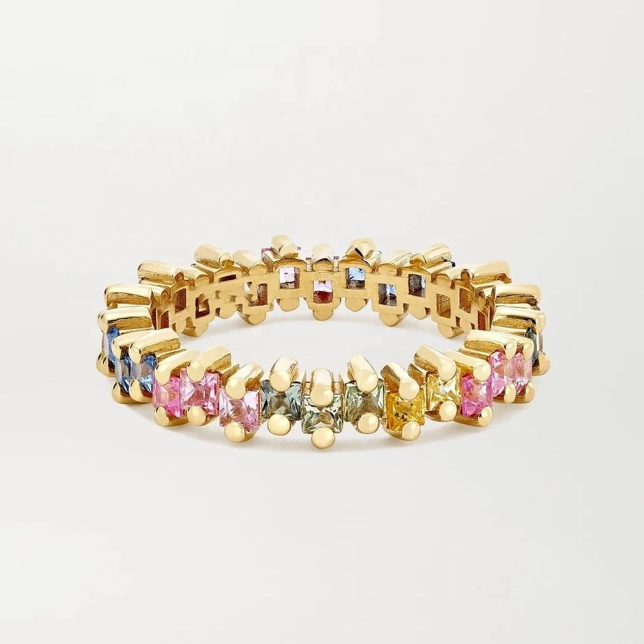 

925 Sterling Silver Fashion Rainbow Cubic Zirconia Eternity Ring Gold Plated