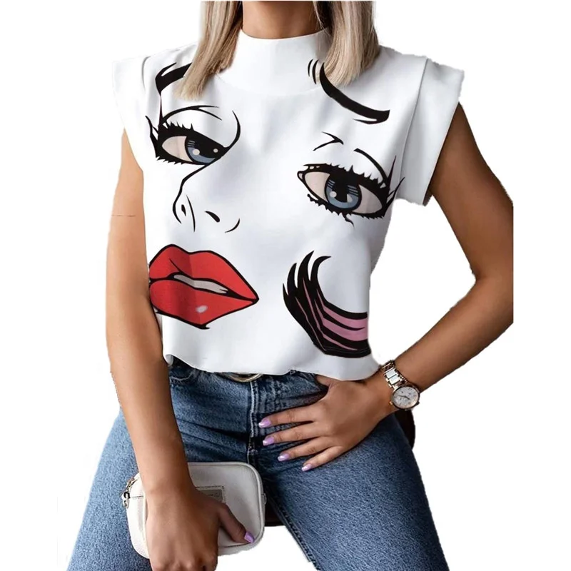 

Women Lips Printed T Shirt Ladies Casual Stand Neck Tee Tops Short Sleeve Streetwear Summer Floral Plus Size Pullover T-shirts