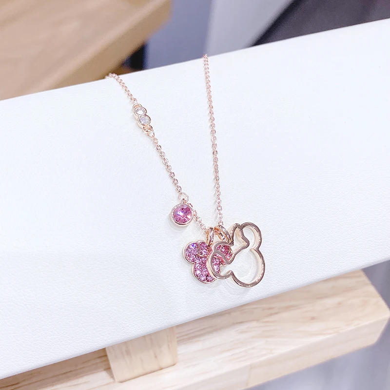 

XL60160 Fashion design rose gold plated brass zircon women jewelry pink cartoon Minnie Mickey mouse head pendant necklaces, Rose gold color