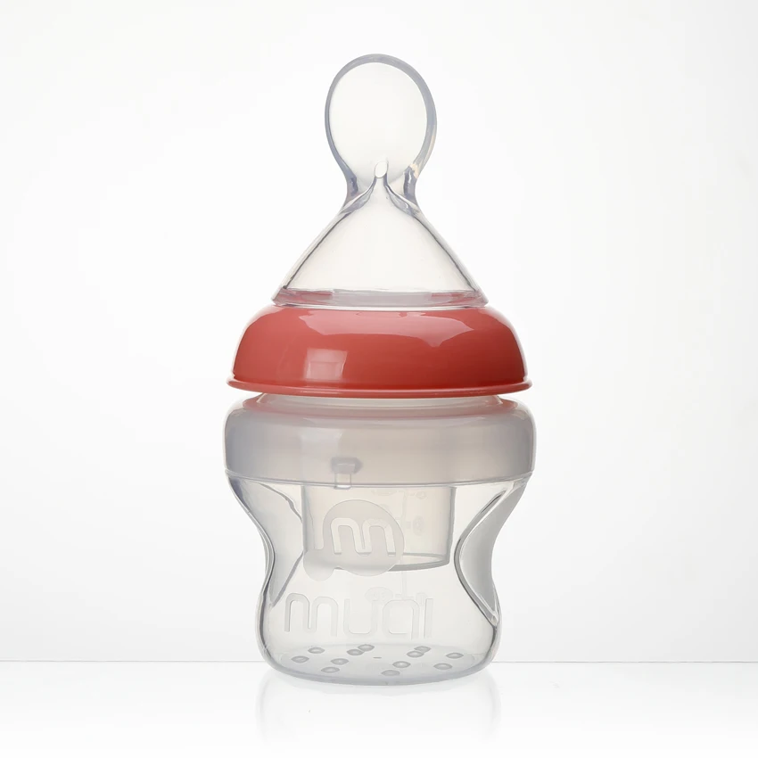 

Baby spoon Feeder Bottle Wide Neck Baby Bottle Silicone Hot sale squeezable silicone baby feeding bottle, Pink blue green