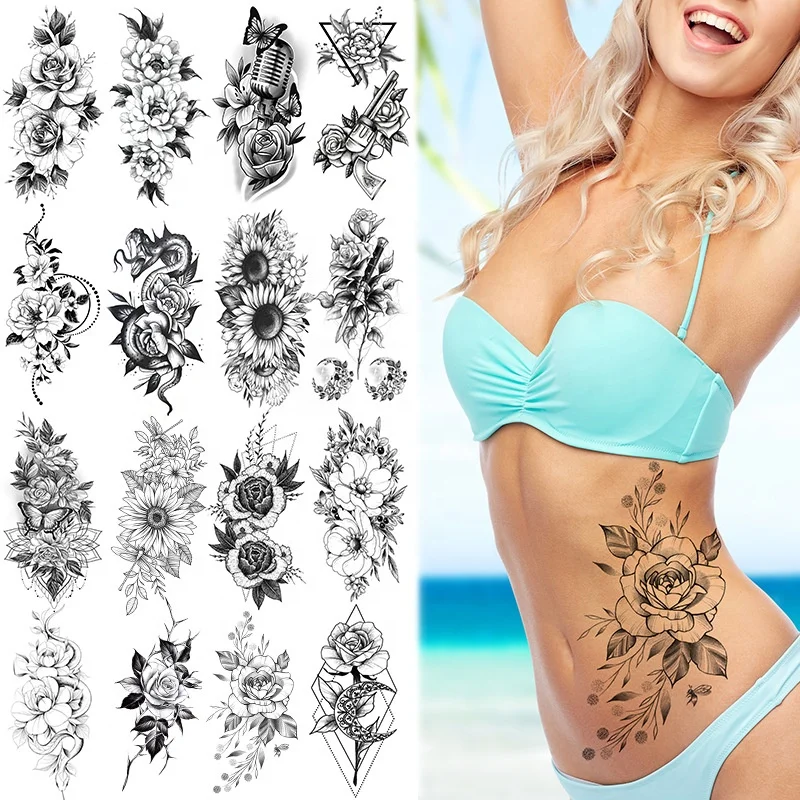 

custom waterproof Black Body Sticker arm Hand Neck Wrist Art Fashion flower women Temporary Tattoos, Black and custom