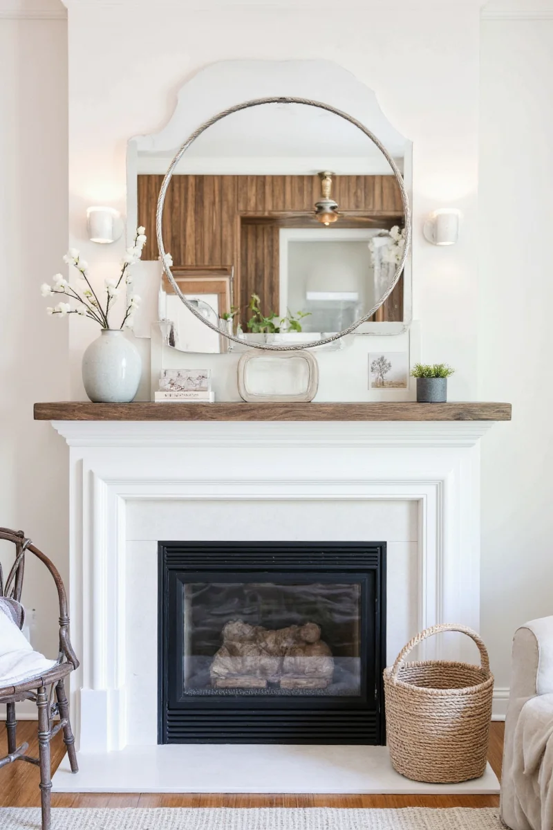 Final look of a stylish and functional painted mantelpiece in a family living room