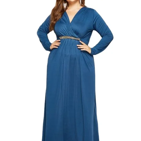 

Europe and the United States hot new women's long-sleeved stitching large size deep V-neck fat woman dress, 4 colors