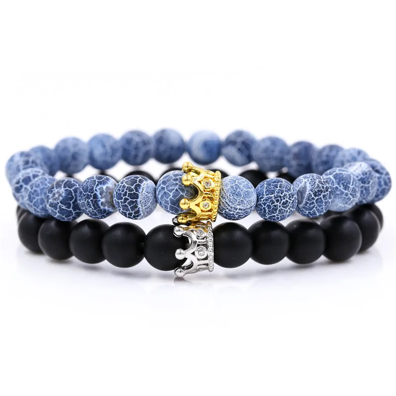 

Fashion 2Pcs/Sets Natural Stone Bead Crown Charm Bracelet Sets Men Women Strand Bracelet Handmade Wristband Jewelry Gifts