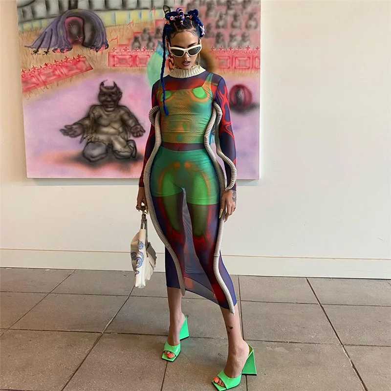 

New Products Fall High Neck Long Sleeve Sexy See-through Women Printed One Piece Dress