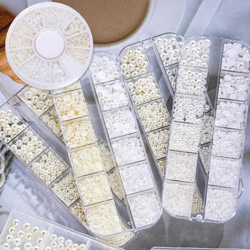 

Xiaopu new 6/12 grids mixed colors sizes round flat back art supplies pearls setting beads press on nail charms for jewelry maki