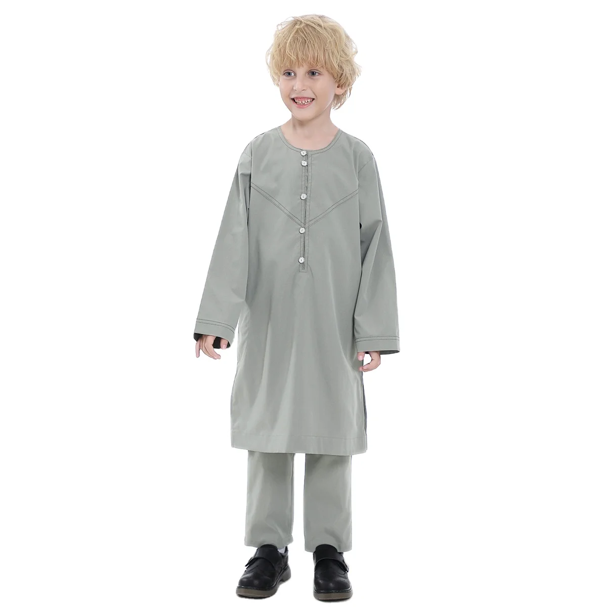 

Muslim Boys Islamic Round Collar Solid Color Button Long Sleeves Thobe and Pants Suit Bolero Arabic Children Robe Caftan Set