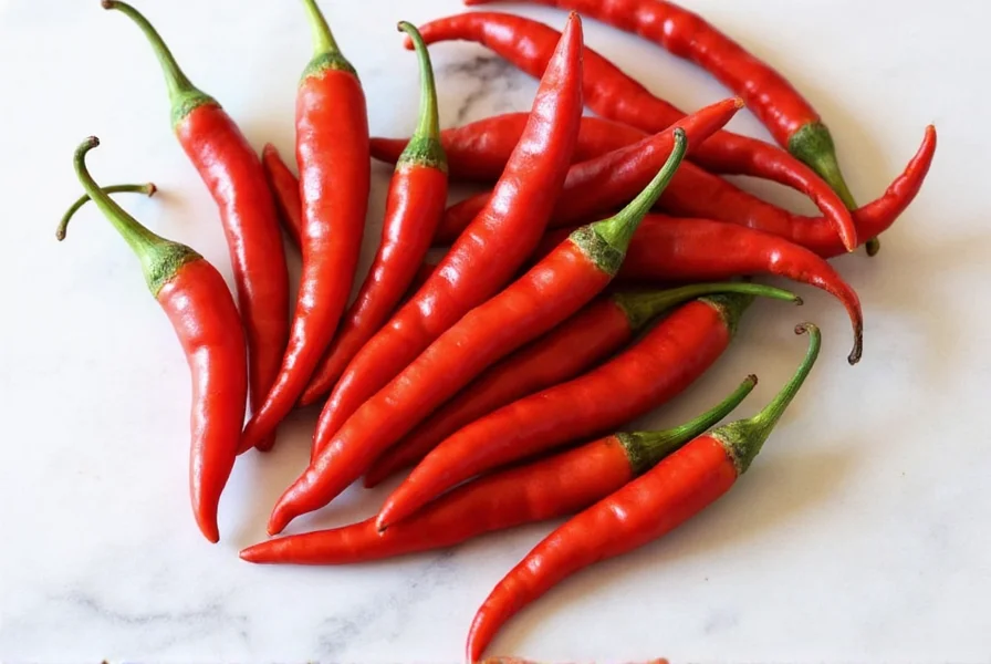 Dried Guajillo chiles on wooden table