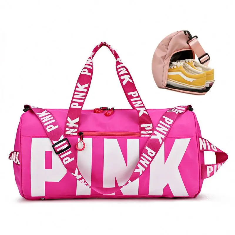 

Wholesale Polyester Traveling Luggage Gym Sport Women Vegan Overnight Duffel With Shoe Compartment Fitness Bag, Pink