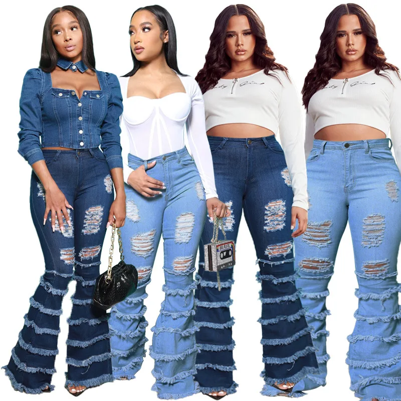 

Fashion Women Wide Leg jeans Plus Size Denim Washed Tassel Ripped Jeans Flare Pants For Women's Jeans, Light blue,dark blue