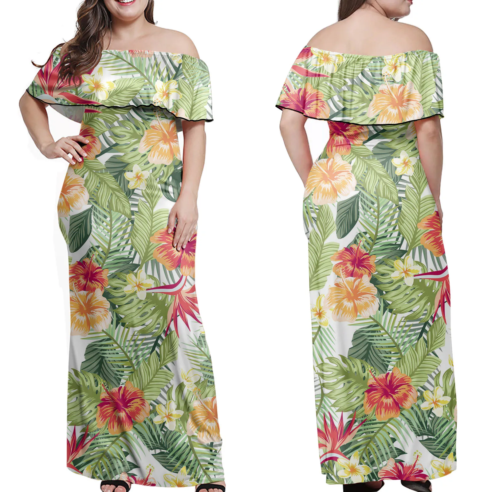 

Polynesian Hibiscus Plumeria with Banana Leaf Pattern One Off Shoulder Sexy Bodycon Sundress Tunic Women Plus Size 3xl Dresses, Customized color