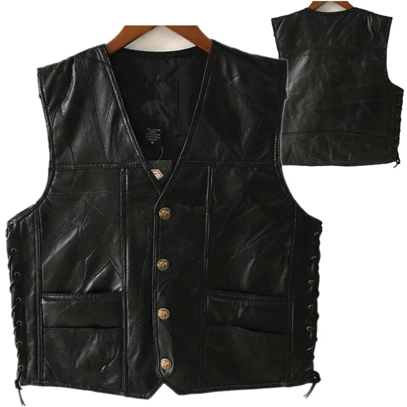 

2019 Men Biker Retro Motorcycle Waistcoat Male Punk Solid Black Spring Sleeveless Motorcycle Leather Vest