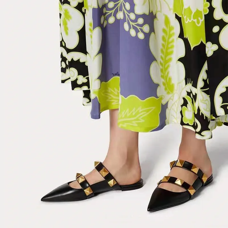 

Women Summer Rockstud Flats Shoes Mules Sandals European Luxury Style Slides Slippers Dress Shoes
