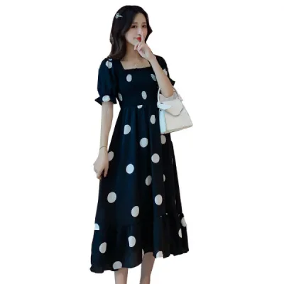 

New Fashion Women Dress Seemingly Younger Short Sleeve Square Neck Sweet Korean Dot Printed Princess Long Loose Casual Dress