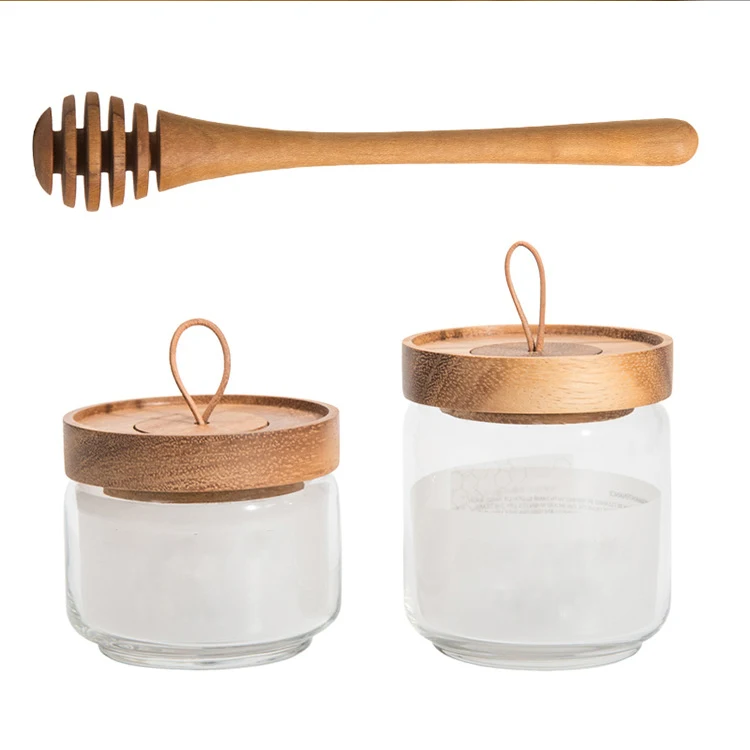 

Unique 250ml 450ml Reusable Eco-friendly Kitchen Wooden Lid Glass Honey Container Bottle Pot with Wood Dipper, Transparent