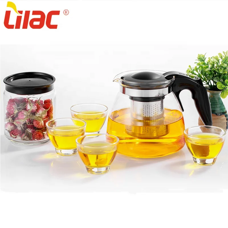 

Lilac FREE Sample 900ml+70ml*4 6 piece contemporary japanese flower clear glass cutting coffee teapots cup tea set glass, Black