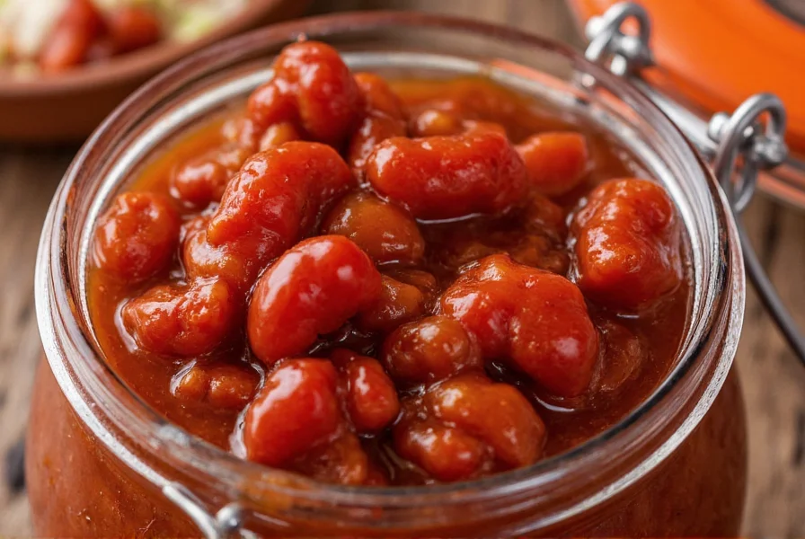 Close-up view of chipotle peppers in adobo sauce in glass jar showing rich reddish-brown color and texture