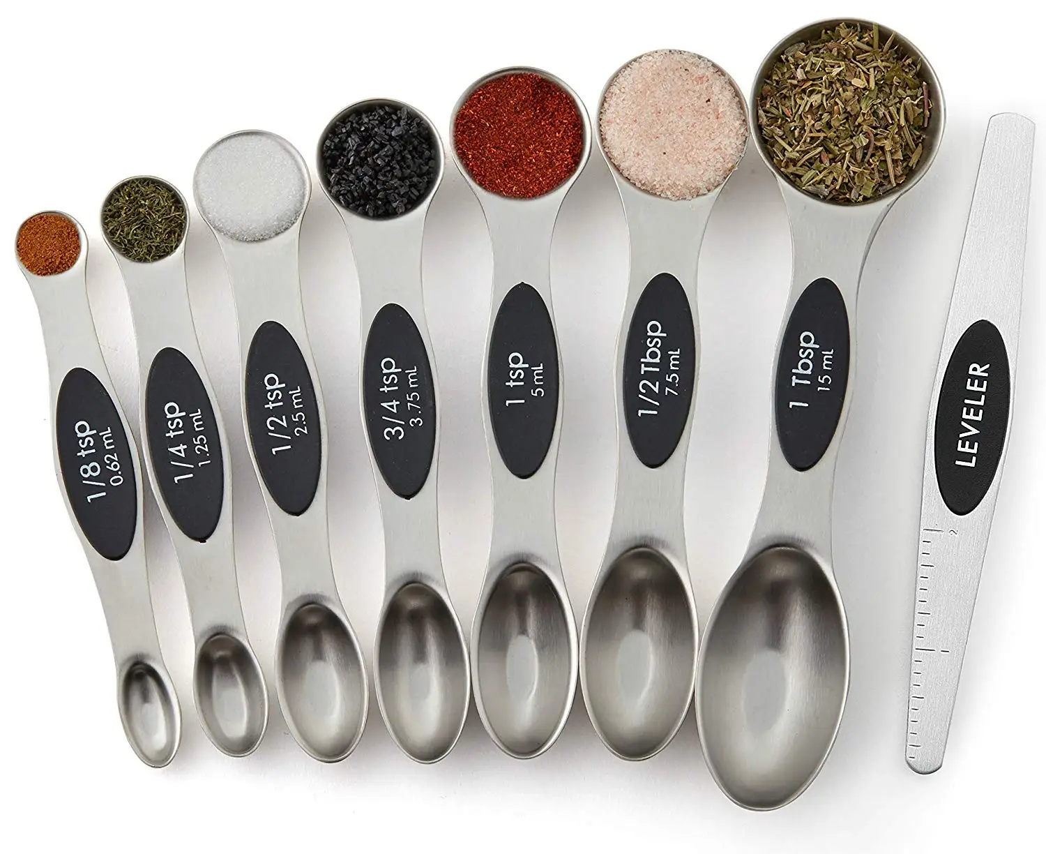 Stainless Steel Magnetic Black Measuring Spoons Set with Leveler Fits in Most Kitchen Spice Jars for Baking & Cooking