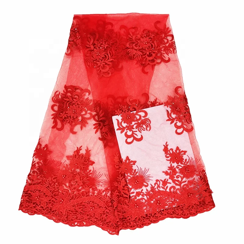 

factory cheap price high quality guangzhou simple red embroidered lace fabric, Accept customized color