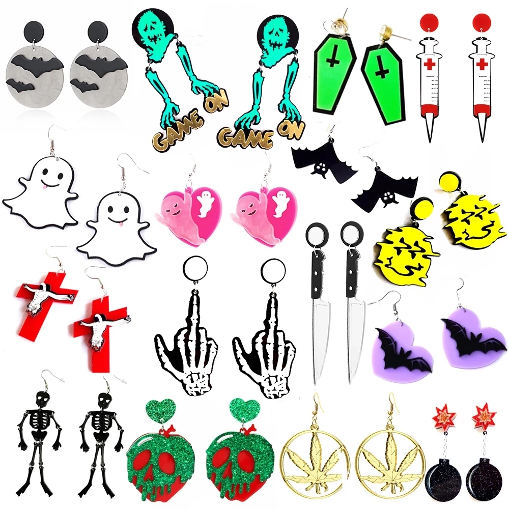 

Fashion Hip Hop Exaggeration Dangle Eardrop Scary Cross Bat Skeleton Halloween Earrings For Women Girls, Colorful