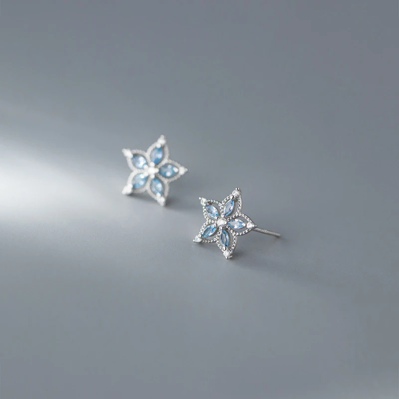 Genuine 925 Sterling Silver Shining CZ Zircon Five-petal Flower Women Stud Earrings Wedding Jewelry Wholesale