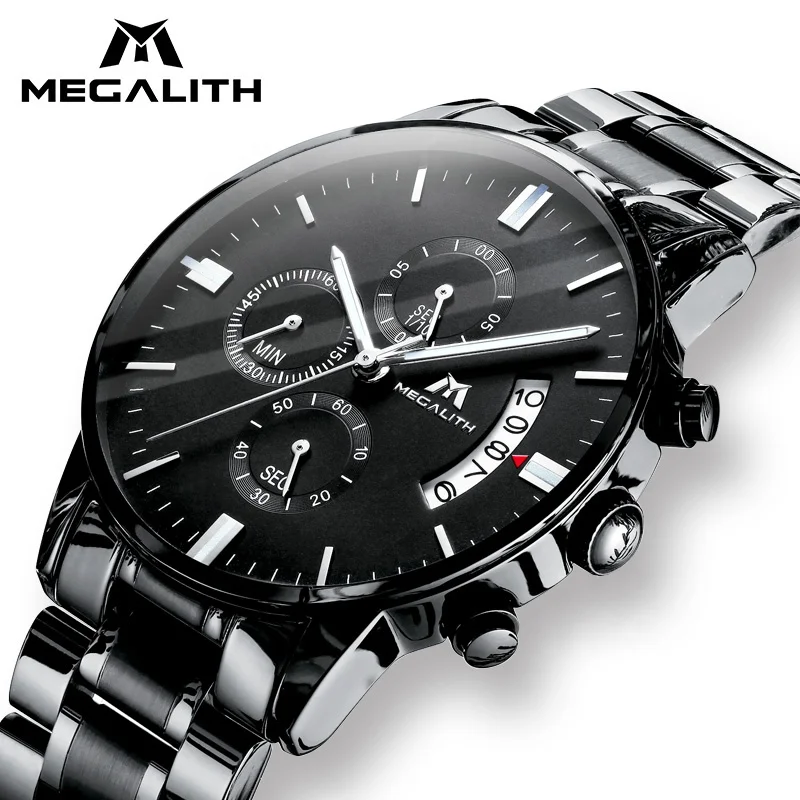 

Megalith Steel Band Casual Business Calendar Watches Men Private Label Wristwatch Luxury Chronograph Quartz Watch Factory Price