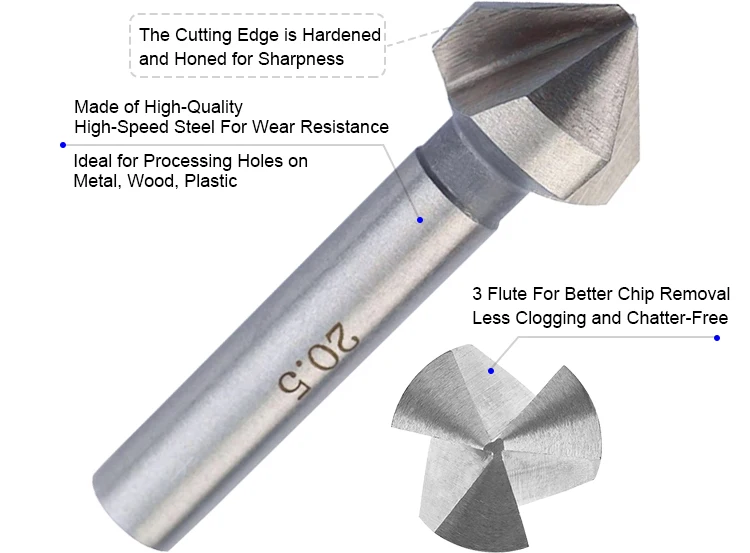 90 Degrees Round Shank 0.236 Shank Dia. Magafor 4821 Series Cobalt Steel Single-End Countersink Single Flute 0.236 Body Dia. TiN Coating 