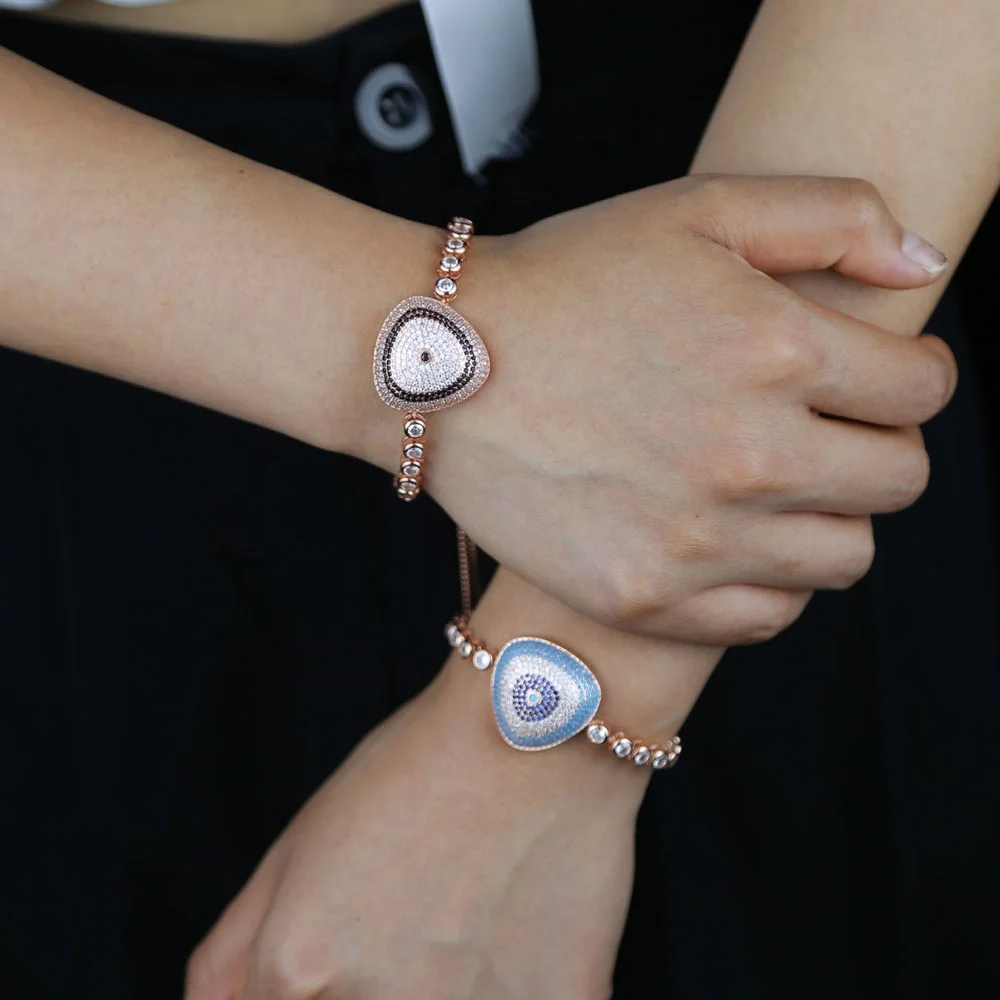 

Drop ship rose gold color cz bezel tennis chain adjustable bracelet bangle with white black blue colorful cz eye charm jewelry