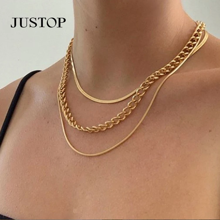 

Personality Multi-Layer Thick Chain Stacking Necklace Personality Party Three-Layer Clavicle Chain Necklace Jewelry