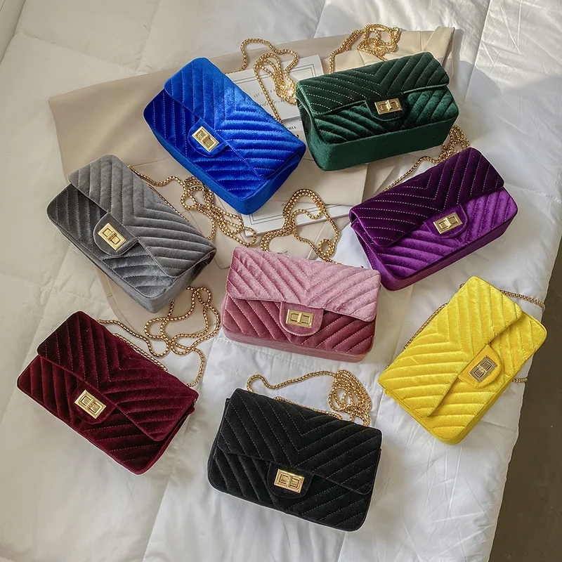 

TS9416 2021 Fashion High Quality Small Bag Cross Thick Chain Shoulder Underarm Messenger Purse Trending Women Velvet Handbags