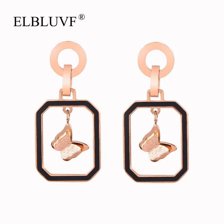 

ELBLUVF Free Shipping Women Stainless Steel Gold Rose Gold Plated Butterflies In Rectangular Frame Animal Tassel Earrings