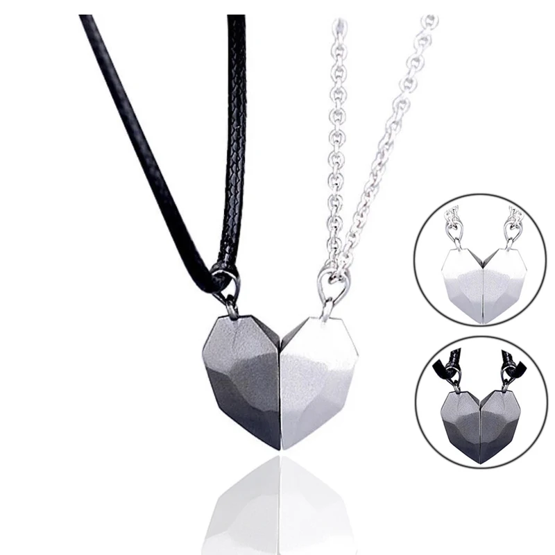 

2Pcs Magnetic Couple Necklace Lovers Heart Pendant Distance Faceted Charm Necklace Women Valentine's Day Gift 2021, As picture