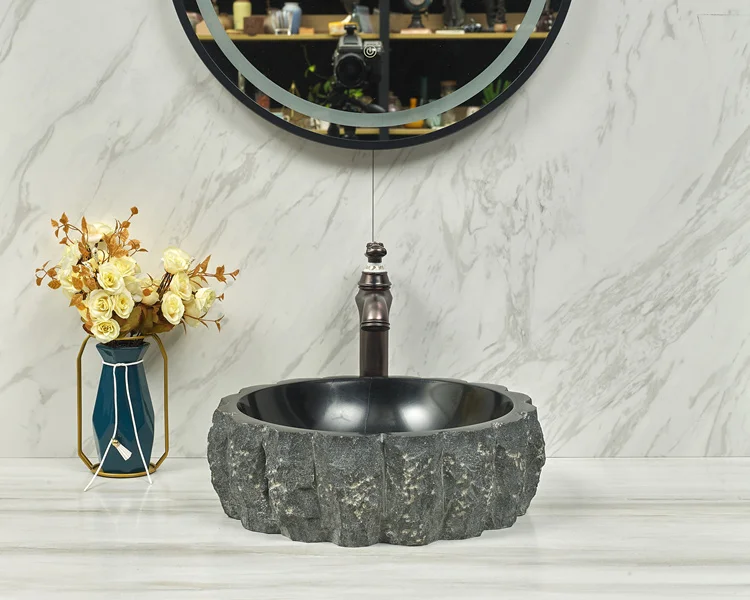 New flower shape black granite stone wash basin bathroom above counter sink