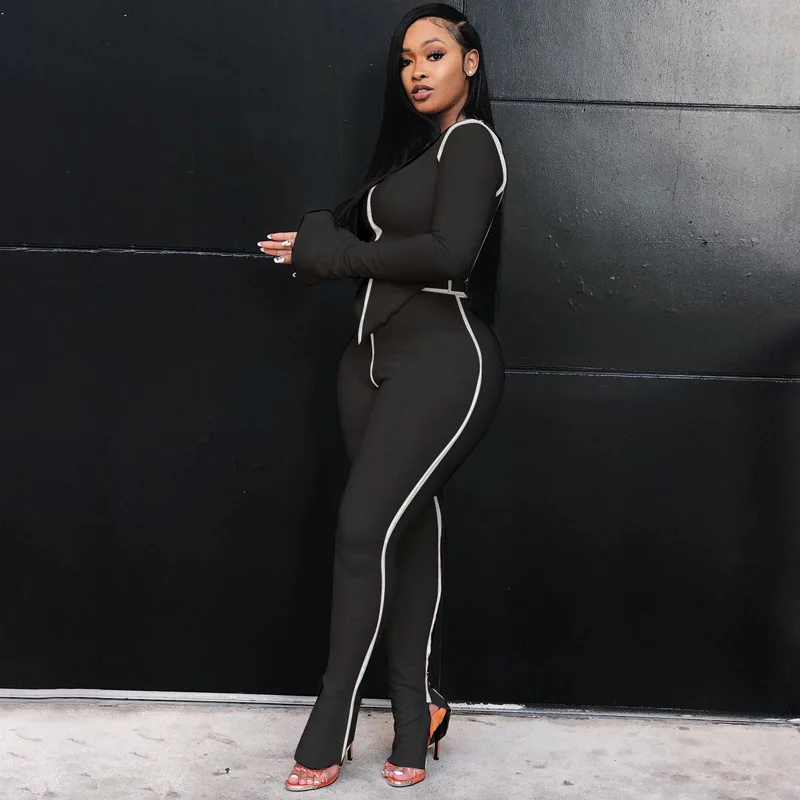 

2021 Fashion New Design Women Autumn Sexy Single Sleeve Tops And Flared Bottom Leggings Two Piece Set, Customized color