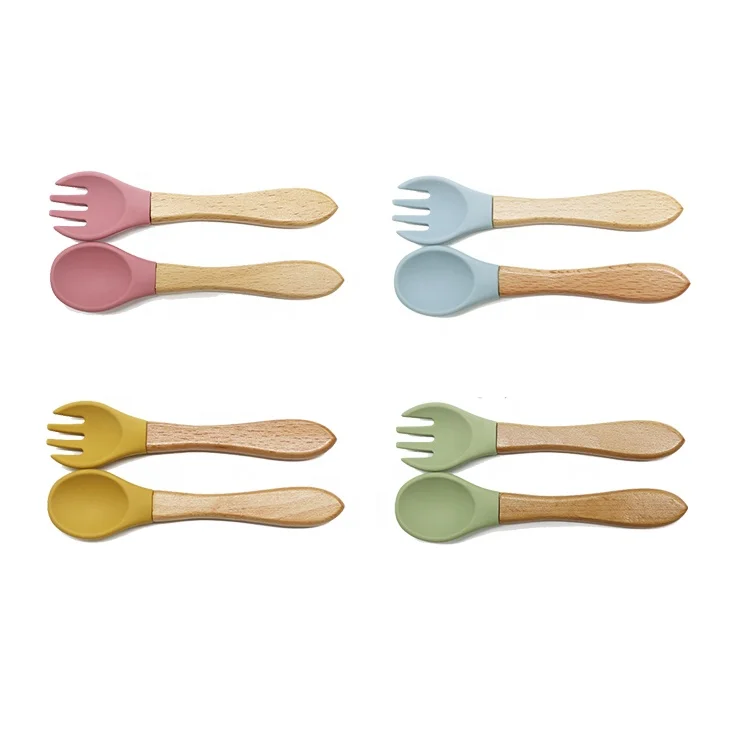 

Ecofriendly Kid Tableware set Utensil Baby Spoon and Fork BPA Free Wood Bamboo Self Feeding Silicone for Children, Green, blue, pink
