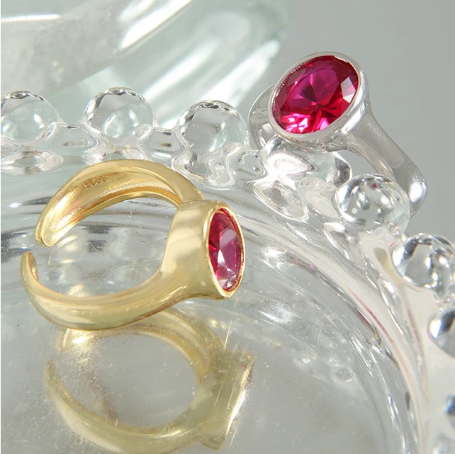 

925 Sterling Silver Rose Red Faceted Zircon Ring 18k Glod Plated Ring Open Ring For Women