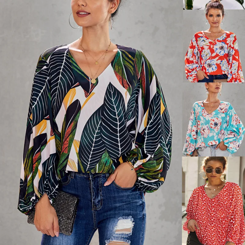 

WW-0039 Loose Shirts Printing Loose V-neck Lantern Sleeve Blouse Clothes Casual Tops Woman Blouses, Customized color