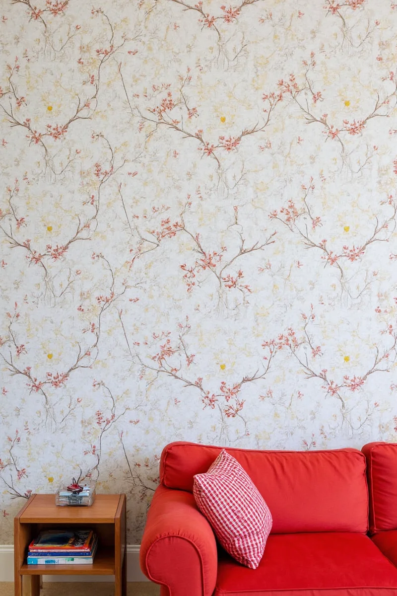 Close-up of wrapping paper applied to a bedroom wall.