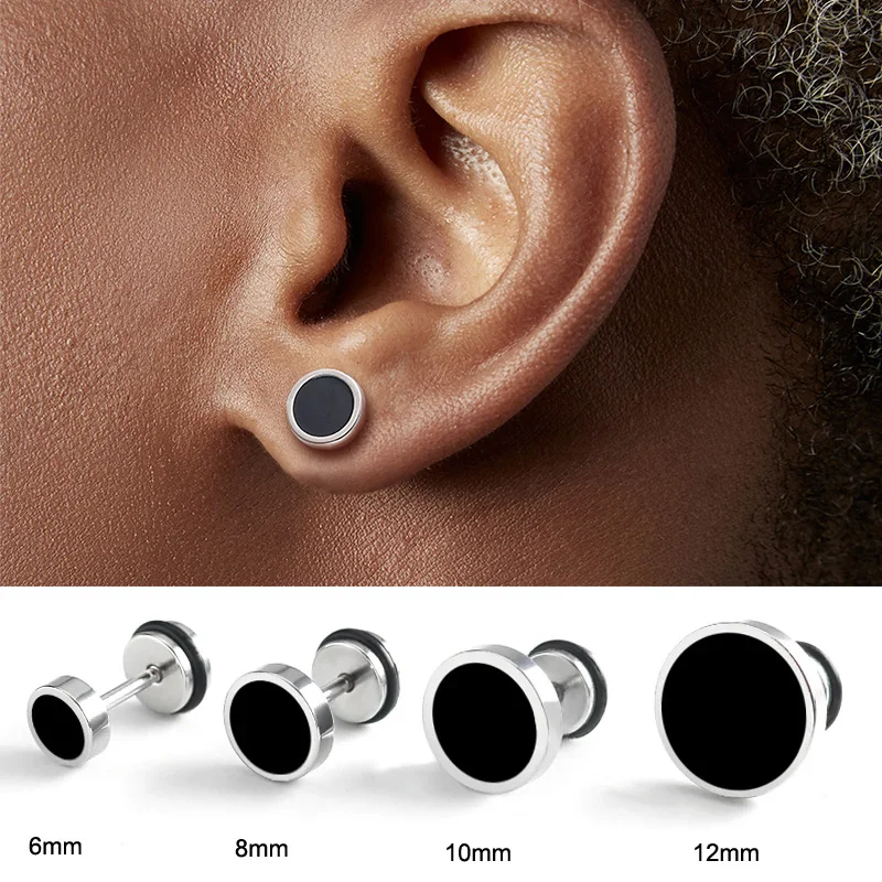 Men's Earings Titanium Steel Round Black Oil Drip Stud Earrings for Men Korean Fashion Stainless Steel Punk Jewelry Accessories